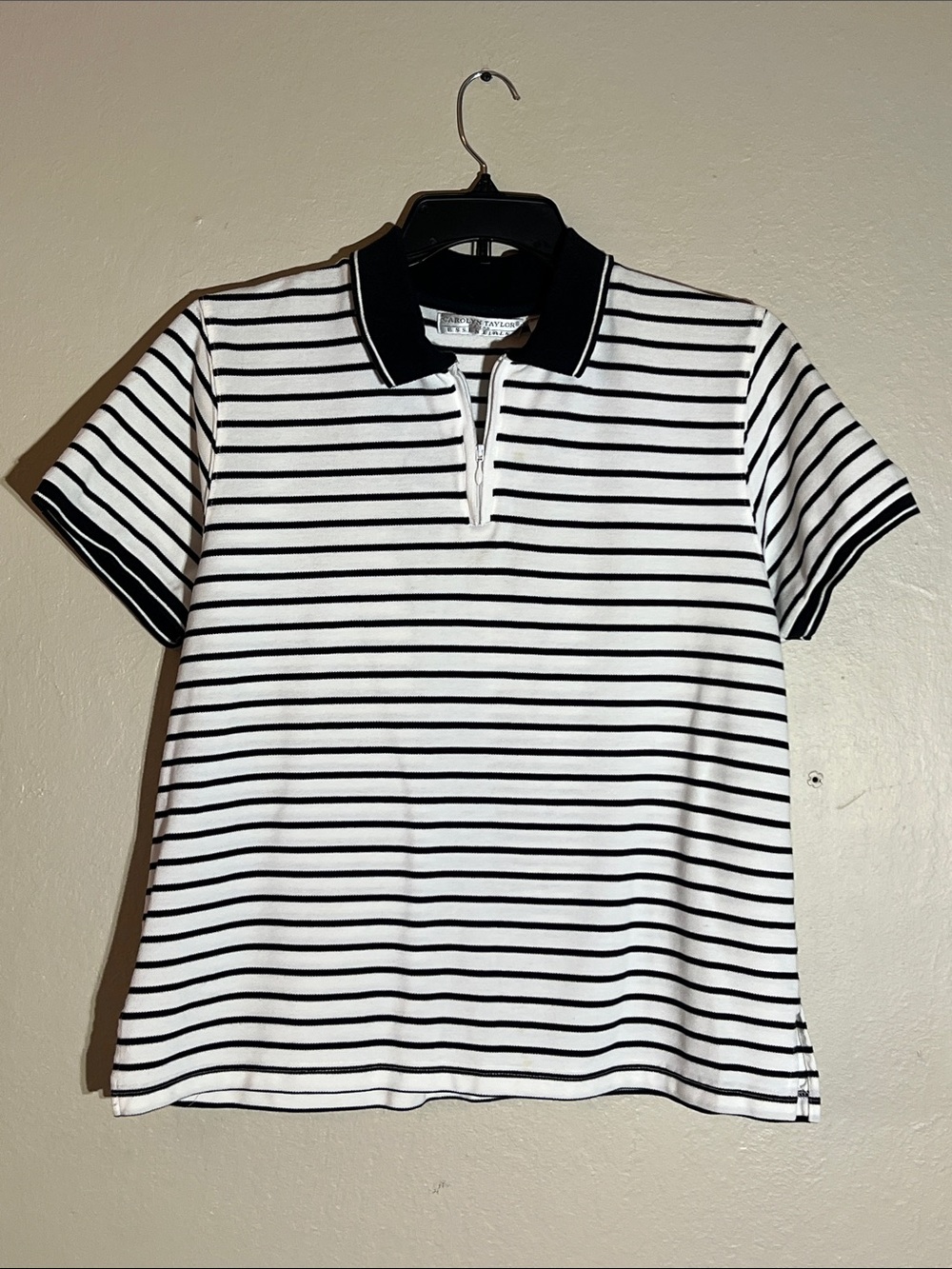 Carolyn Taylor Woman Striped Polo Tee with Zip Placket - Black & White